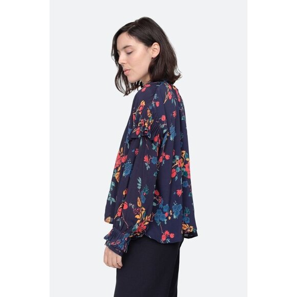 Sea NYC Mari Blue Floral Ruffle Long Sleeve Blouse Size 4 - Picture 2 of 11